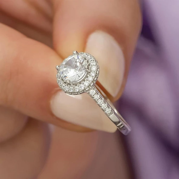 Yuvarlak Zirkon Taşlı Tektaş Gümüş Bayan Yüzük - Resim 6