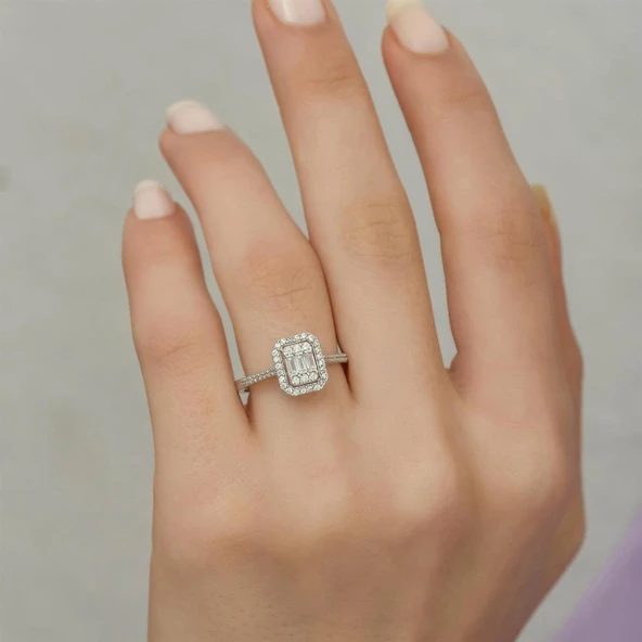 Mikro Zirkon Baget Taşlı Gümüş Bayan Baget Yüzük - Resim 6