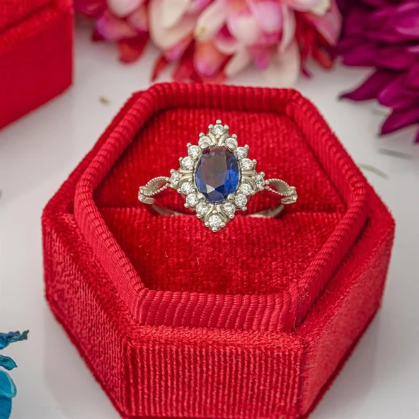 Oval Mavi Zirkon Taşlı Tektaş Gümüş Bayan Yüzük ürün görseli 1