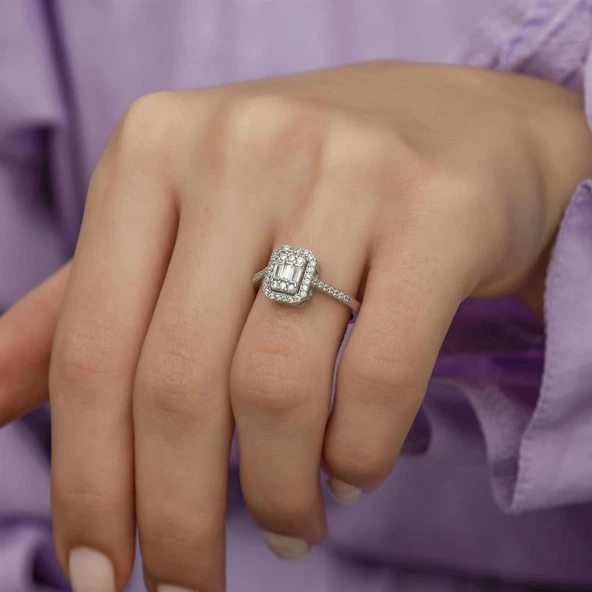 Mikro Zirkon Baget Taşlı Gümüş Bayan Baget Yüzük - Resim 4