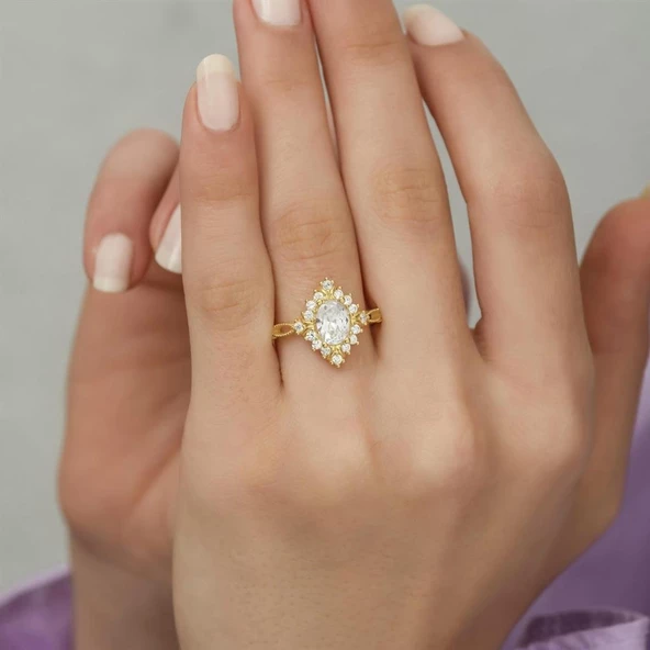 Altın Kaplama Oval Zirkon Taşlı Gümüş Bayan Yüzük - Resim 5