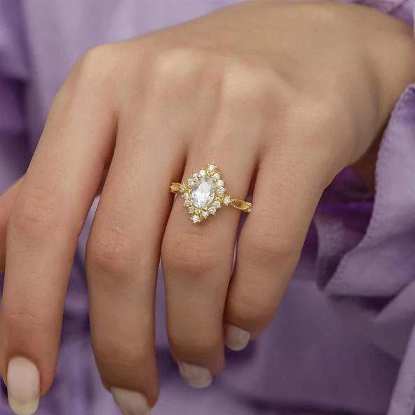 Altın Kaplama Oval Zirkon Taşlı Gümüş Bayan Yüzük - Resim 9