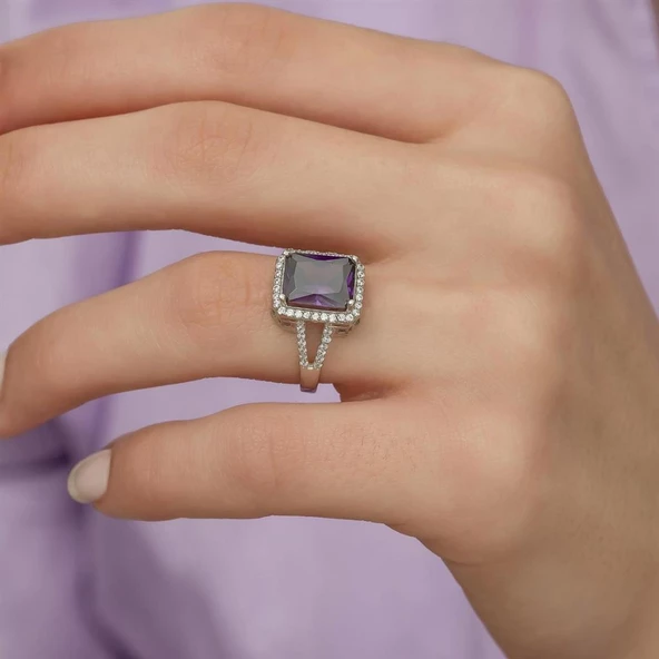 Ametist Taşlı Gümüş Bayan Baget Yüzük - Resim 3