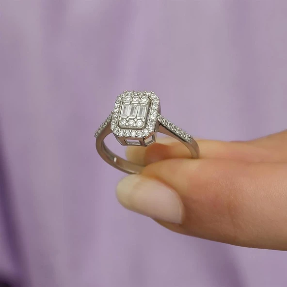 Mikro Zirkon Baget Taşlı Gümüş Bayan Baget Yüzük - Resim 8