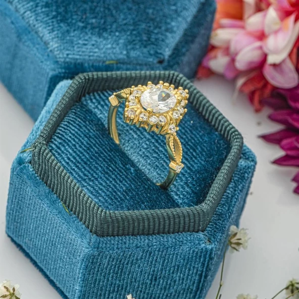 Altın Kaplama Oval Zirkon Taşlı Gümüş Bayan Yüzük - Resim 7