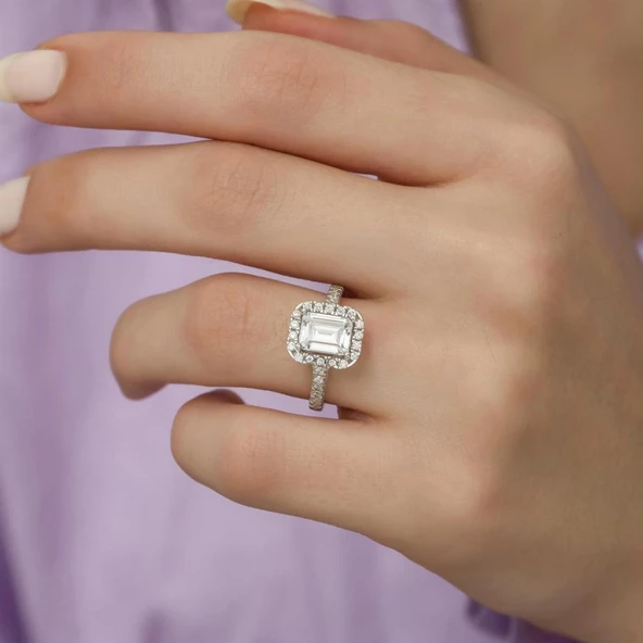 Baget Zirkon TaşlıTektaş Gümüş Bayan Yüzük - Resim 6