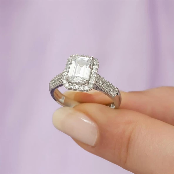 Zirkon Taşlı Baget Tektaş Gümüş Bayan Yüzük - Resim 4