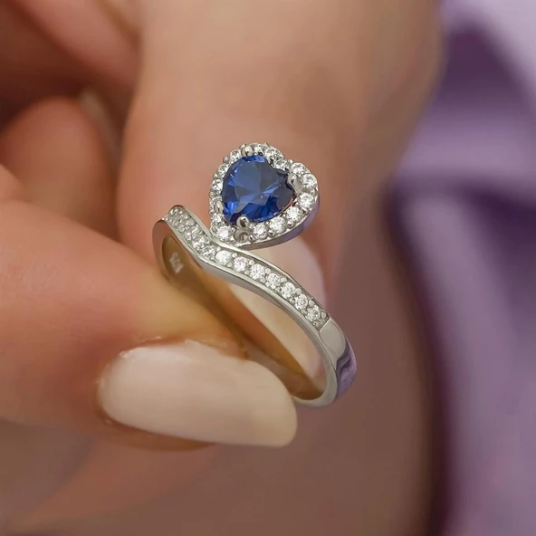 Kalp Motifli Mavi Zirkon Taşlı Tektaş Gümüş Bayan Yüzük - Resim 4