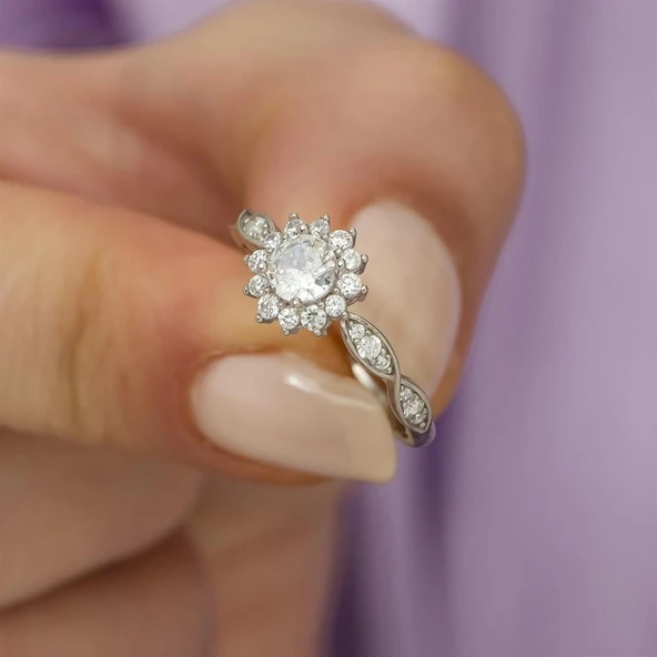 Zirkon Taşlı Sarmaşık Papatya Motifli Tektaş Gümüş Bayan Yüzük - Resim 10