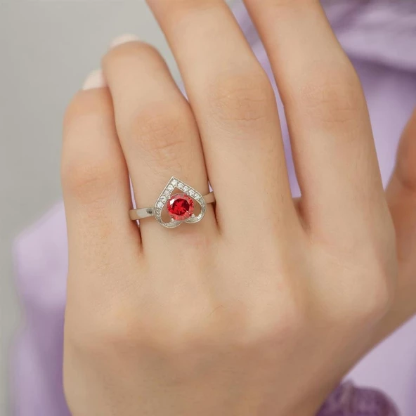 Kırmızı Zirkon Taşlı Kalp Motifli Tektaş Gümüş Bayan Yüzük - Resim 9