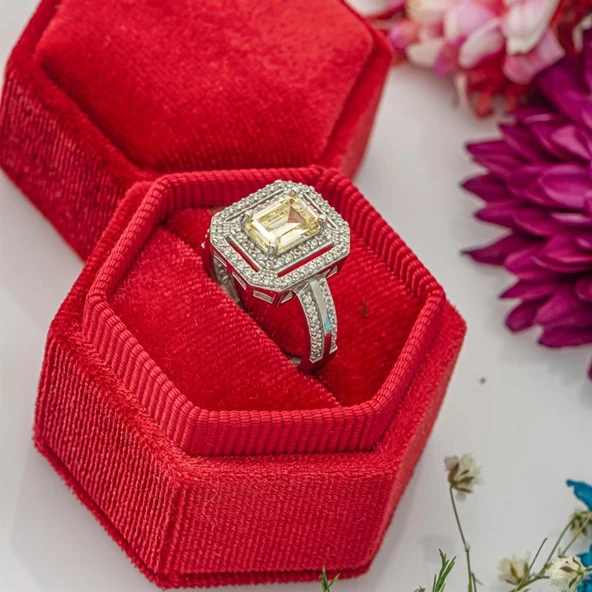 İki Sıra Sarı Zirkon Taşlı Tektaş Gümüş Bayan Baget Yüzük - Resim 7