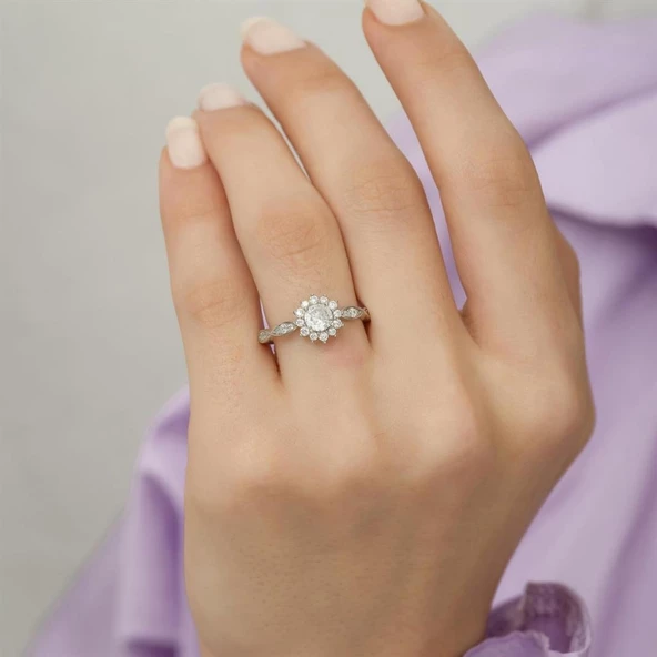 Zirkon Taşlı Sarmaşık Papatya Motifli Tektaş Gümüş Bayan Yüzük - Resim 8