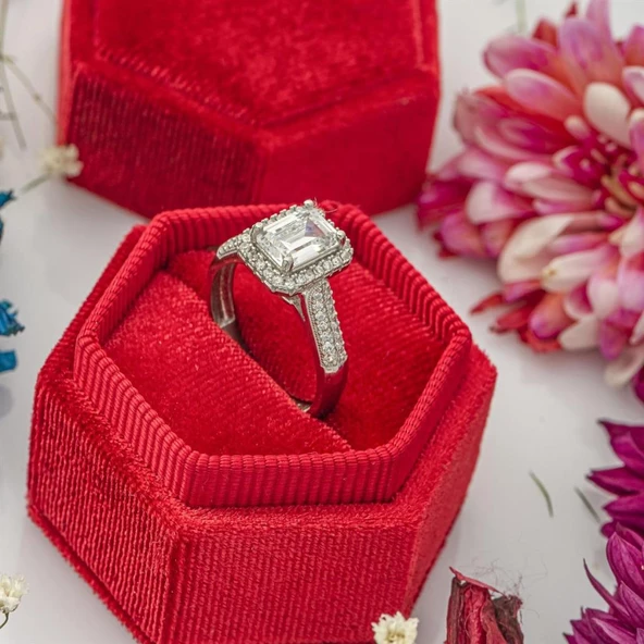 Zirkon Taşlı Baget Tektaş Gümüş Bayan Yüzük - Resim 8