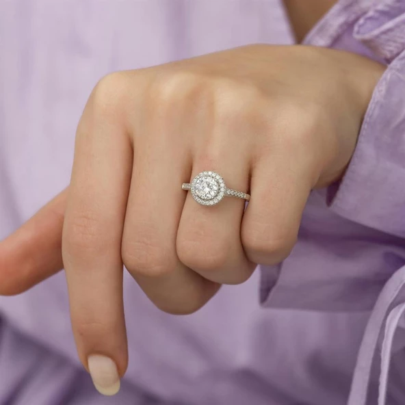 Yuvarlak Zirkon Taşlı Tektaş Gümüş Bayan Yüzük - Resim 2