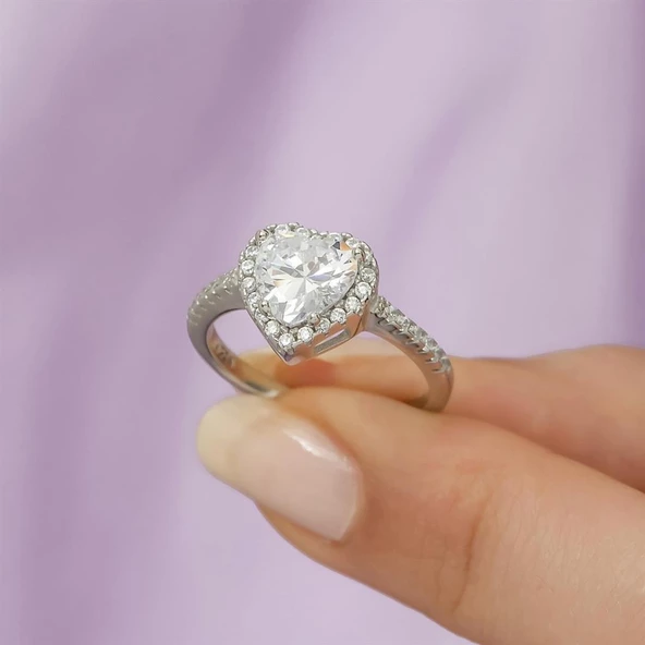 Kalpli Zirkon Taşlı Tektaş Gümüş Bayan Yüzük - Resim 11