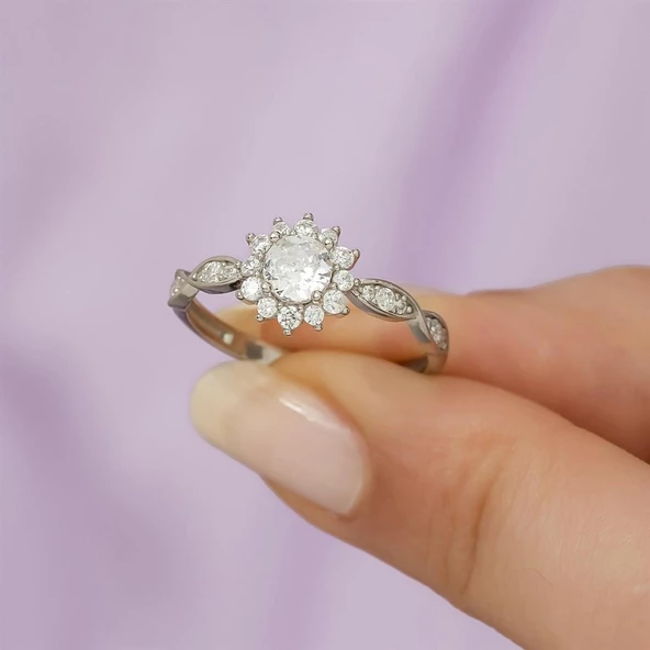 Zirkon Taşlı Sarmaşık Papatya Motifli Tektaş Gümüş Bayan Yüzük - Resim 3