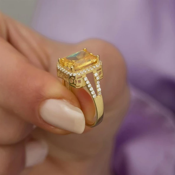 Altın Kaplama Sitrin Taşlı Gümüş Bayan Baget Yüzük - Resim 3