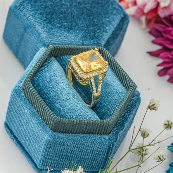 Altın Kaplama Sitrin Taşlı Gümüş Bayan Baget Yüzük ürün görseli 1