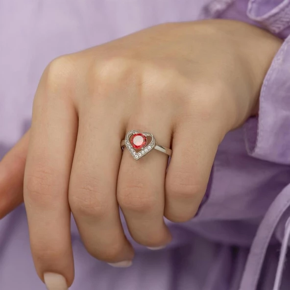 Kırmızı Zirkon Taşlı Kalp Motifli Tektaş Gümüş Bayan Yüzük - Resim 6
