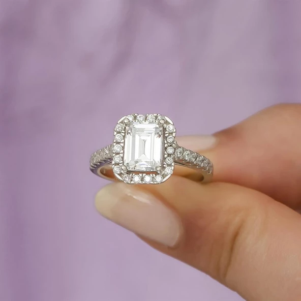 Baget Zirkon TaşlıTektaş Gümüş Bayan Yüzük - Resim 3