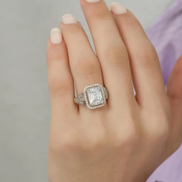 Zirkon Taşlı Motifli Tektaş Gümüş Bayan Baget Yüzük - Resim 4