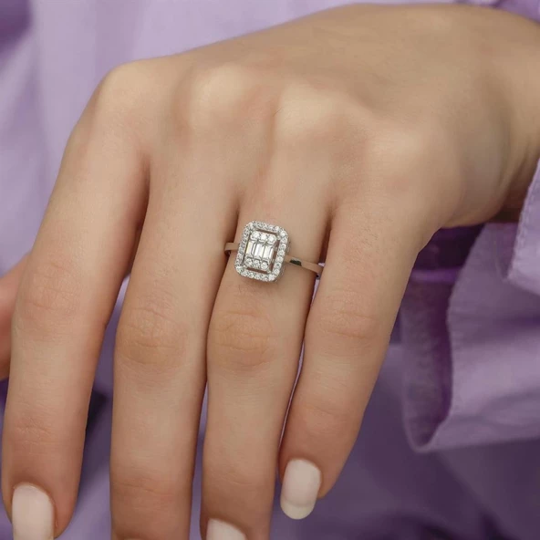 Baget Zirkon Taşlı Gümüş Bayan Yüzük - Resim 4