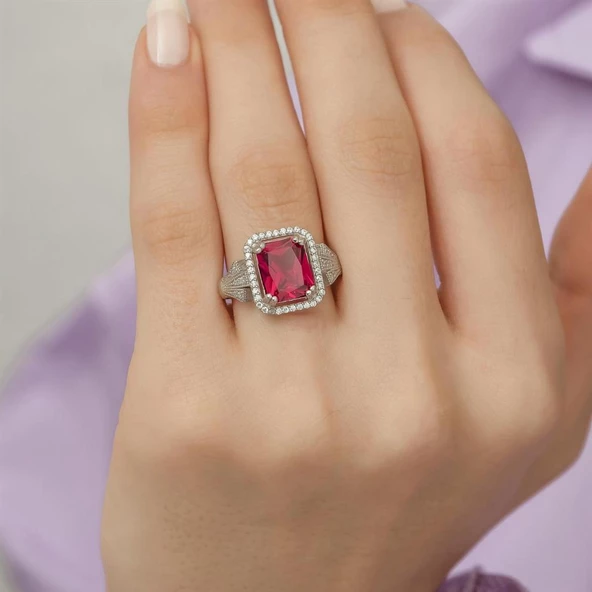 Kırmızı Zirkon Taşlı Motifli Tektaş Gümüş Bayan Baget Yüzük - Resim 4