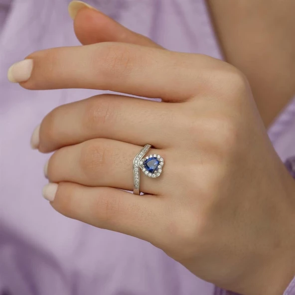 Kalp Motifli Mavi Zirkon Taşlı Tektaş Gümüş Bayan Yüzük - Resim 12