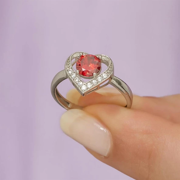 Kırmızı Zirkon Taşlı Kalp Motifli Tektaş Gümüş Bayan Yüzük - Resim 4
