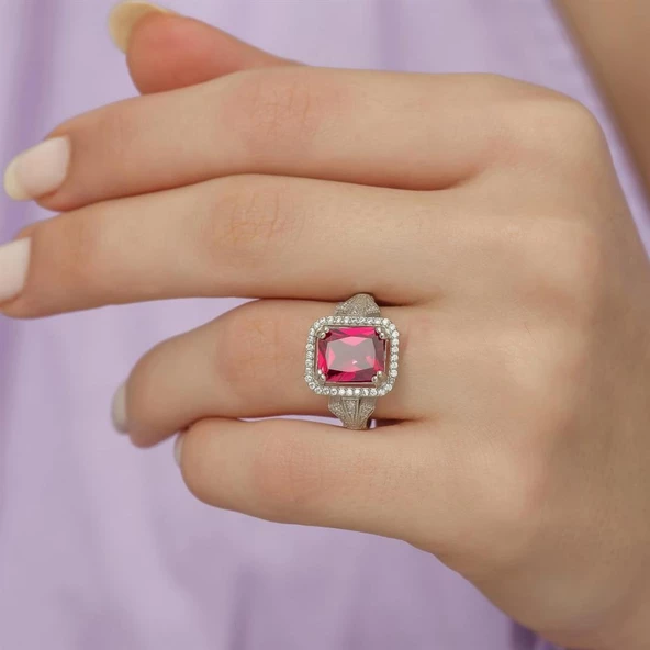 Kırmızı Zirkon Taşlı Motifli Tektaş Gümüş Bayan Baget Yüzük - Resim 9