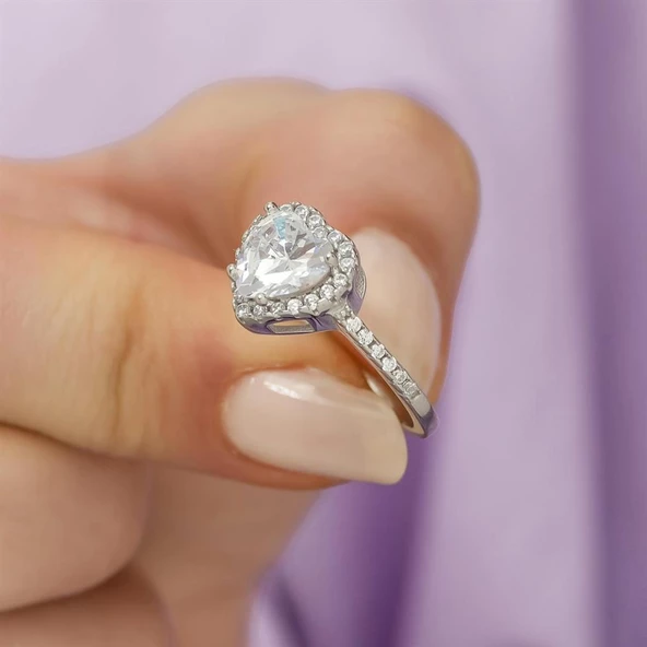 Kalpli Zirkon Taşlı Tektaş Gümüş Bayan Yüzük - Resim 6