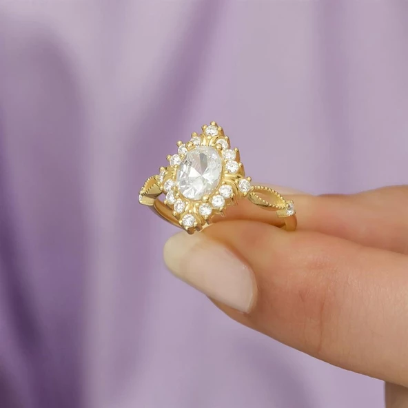 Altın Kaplama Oval Zirkon Taşlı Gümüş Bayan Yüzük - Resim 12