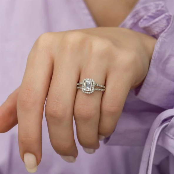 Baget Zirkon Taşlı Tektaş Gümüş Bayan Yüzük - Resim 11