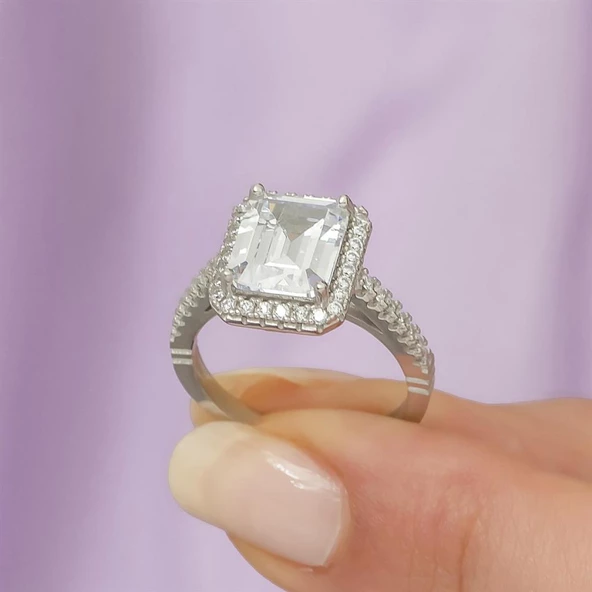 Baget Zirkon Taşlı Tektaş Gümüş Bayan Yüzük - Resim 10