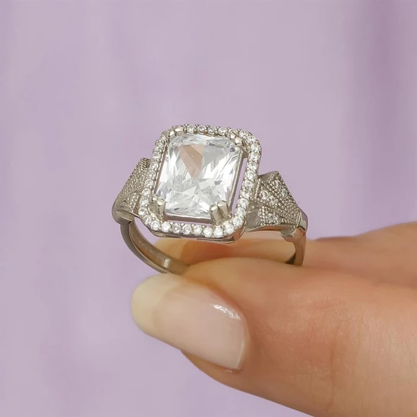 Zirkon Taşlı Motifli Tektaş Gümüş Bayan Baget Yüzük - Resim 5