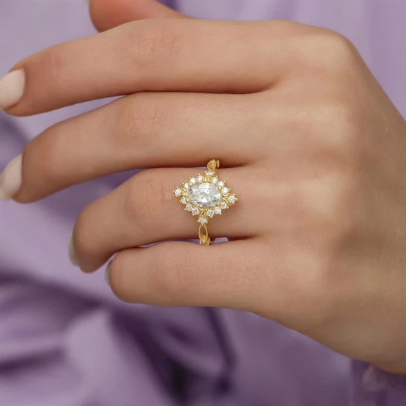 Altın Kaplama Oval Zirkon Taşlı Gümüş Bayan Yüzük - Resim 10