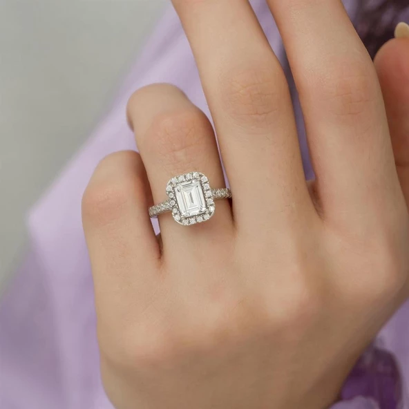 Baget Zirkon TaşlıTektaş Gümüş Bayan Yüzük - Resim 8