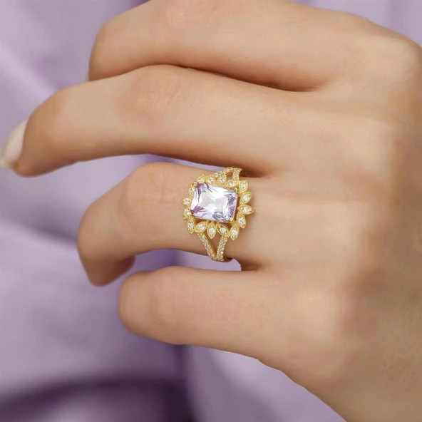 Altın Kaplama Zirkon Taşlı Çiçek Motifli Gümüş Bayan Yüzük - Resim 11