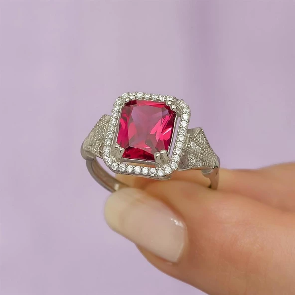 Kırmızı Zirkon Taşlı Motifli Tektaş Gümüş Bayan Baget Yüzük - Resim 5