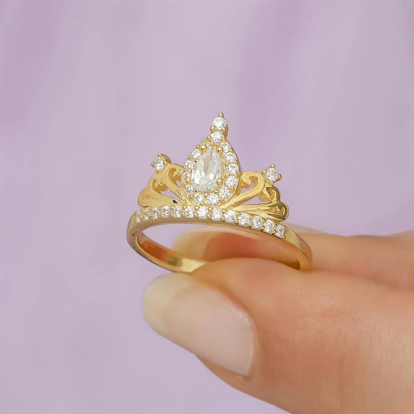 Altın Kaplama Zirkon Taşlı Kraliçe Taç Motifli Tektaş Gümüş Bayan Yüzük - Resim 11