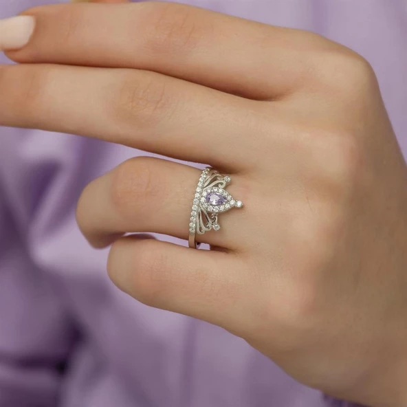 Ametist Zirkon Taşlı Kraliçe Taç Motifli Tektaş Gümüş Bayan Yüzük - Resim 10