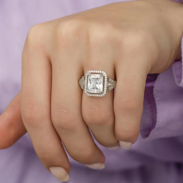 Zirkon Taşlı Motifli Tektaş Gümüş Bayan Baget Yüzük - Resim 2