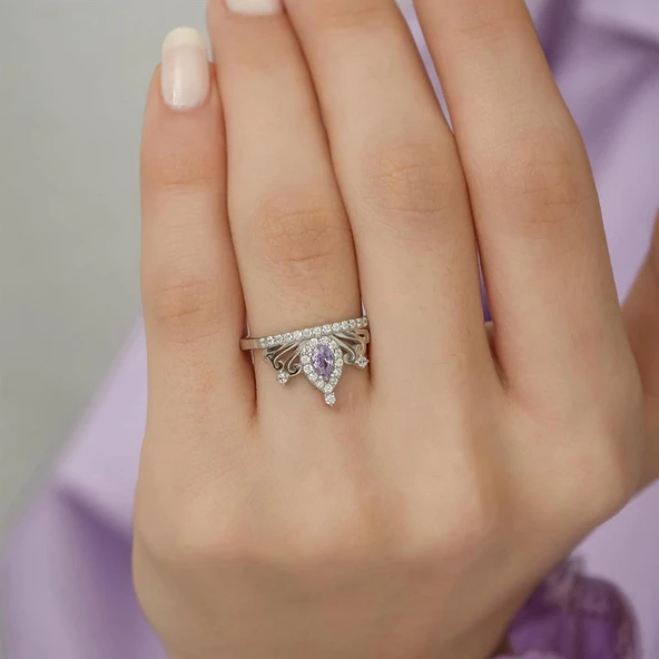 Ametist Zirkon Taşlı Kraliçe Taç Motifli Tektaş Gümüş Bayan Yüzük - Resim 4