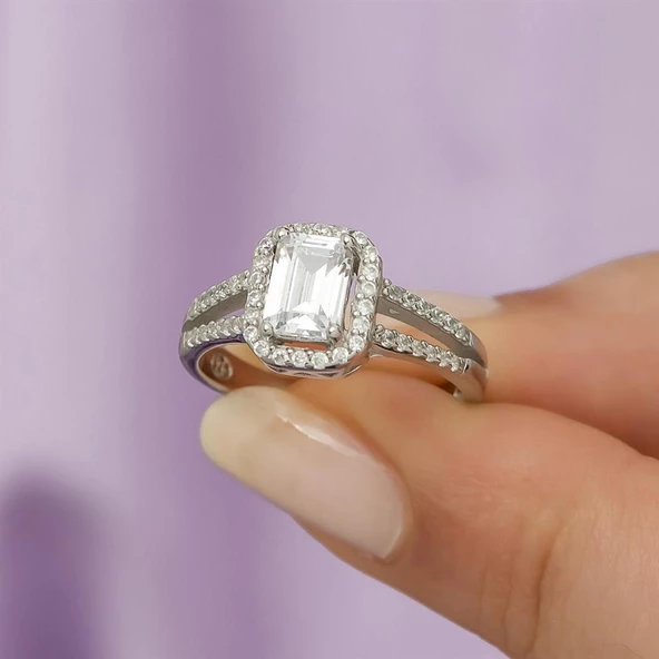 Baget Zirkon Taşlı Tektaş Gümüş Bayan Yüzük - Resim 3