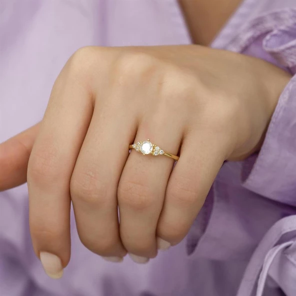 Altın Kaplama Zirkon Taşlı Tektaş Gümüş Bayan Yüzük - Resim 4