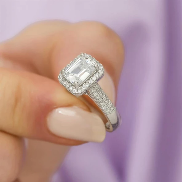 Zirkon Taşlı Baget Tektaş Gümüş Bayan Yüzük - Resim 12