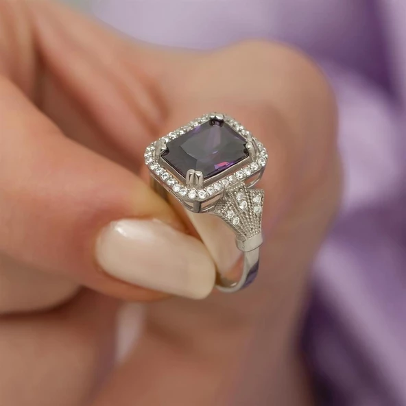 Ametist Zirkon Taşlı Motifli Tektaş Gümüş Bayan Baget Yüzük - Resim 6