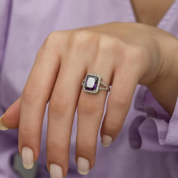 Ametist Taşlı Gümüş Bayan Baget Yüzük - Resim 2