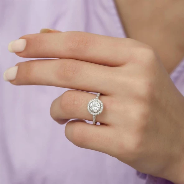 Yuvarlak Zirkon Taşlı Tektaş Gümüş Bayan Yüzük - Resim 3