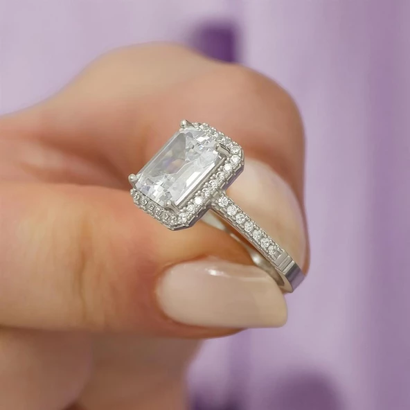 Baget Zirkon Taşlı Tektaş Gümüş Bayan Yüzük - Resim 11